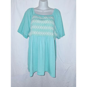 Roaman's Size 1X sea green smocked bohemian peasant Coquette blouse
